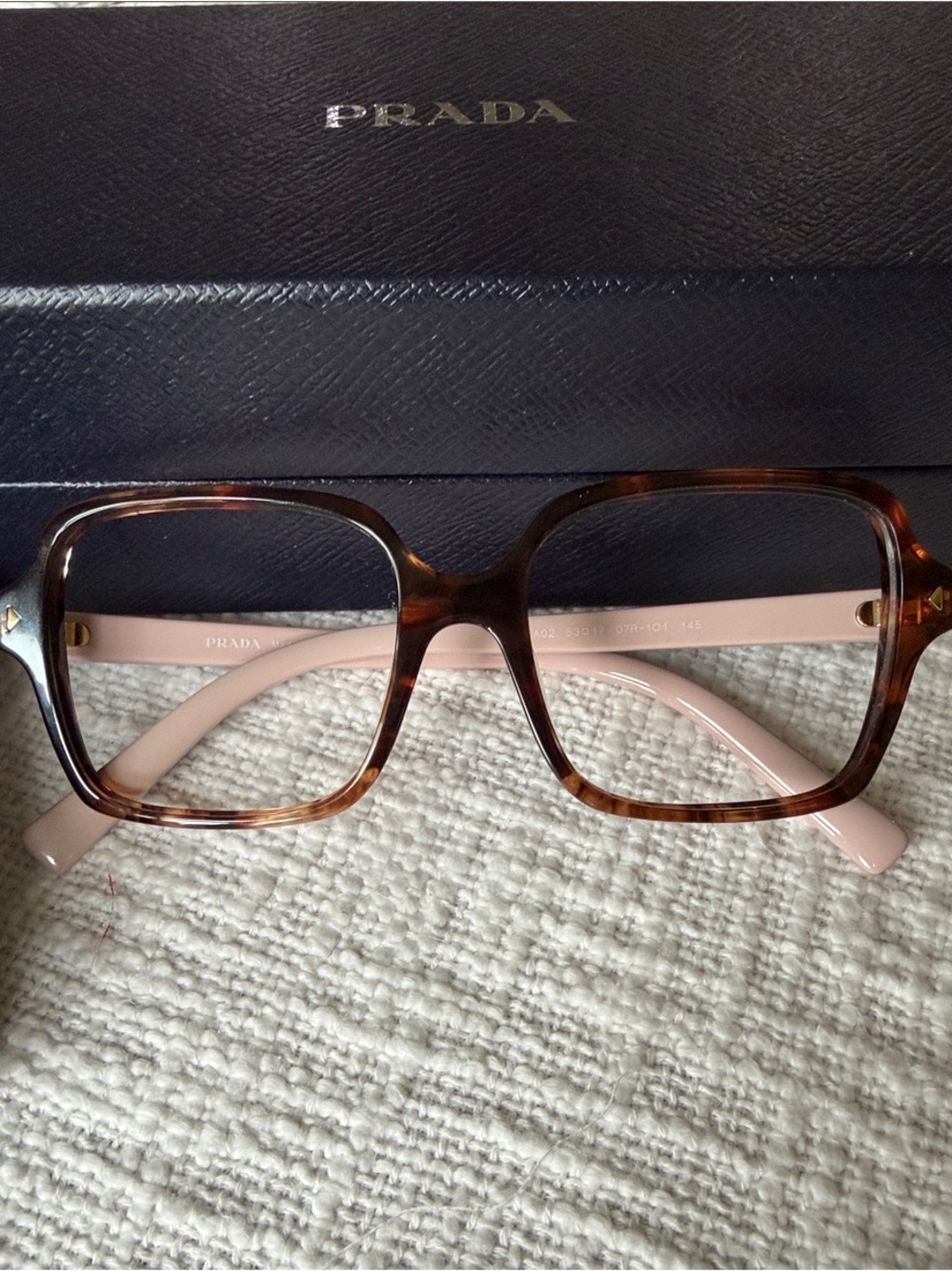 Prada Tortoise Front with Pink Temples Square Optical Glasses